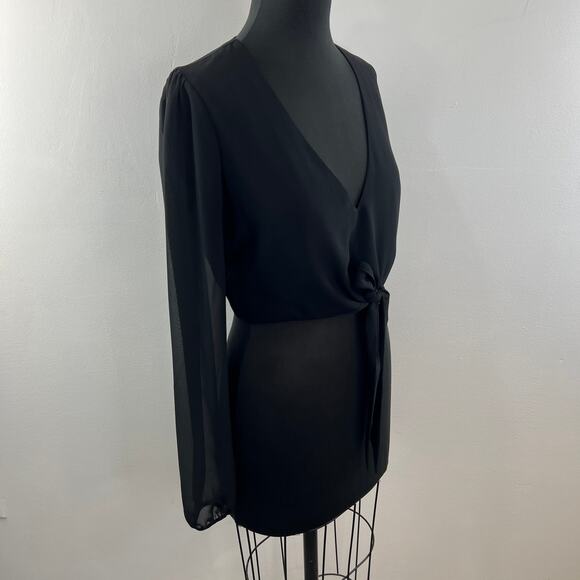 YUMI KIM It Takes Two Top Only Black Long Sheer Sleeves Cropped Tie Front Size M - Picture 2 of 8
